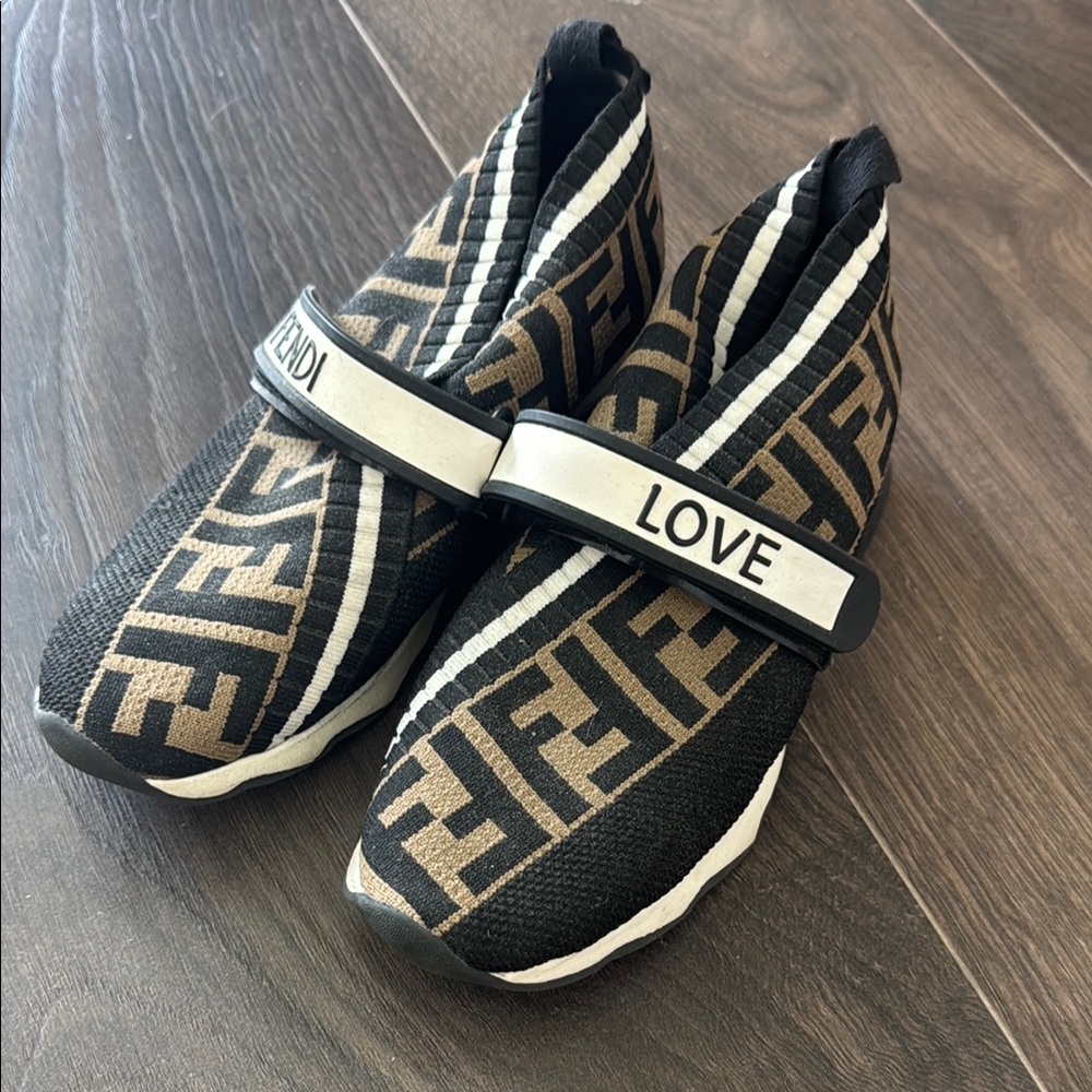 Fendi Black and Brown Logo Slip-On Shoes